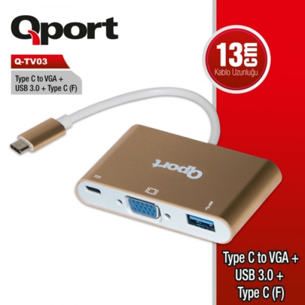 Qport Q-Tv03 Type-C To Vga+USB 3.0+Type-C Çevirici 