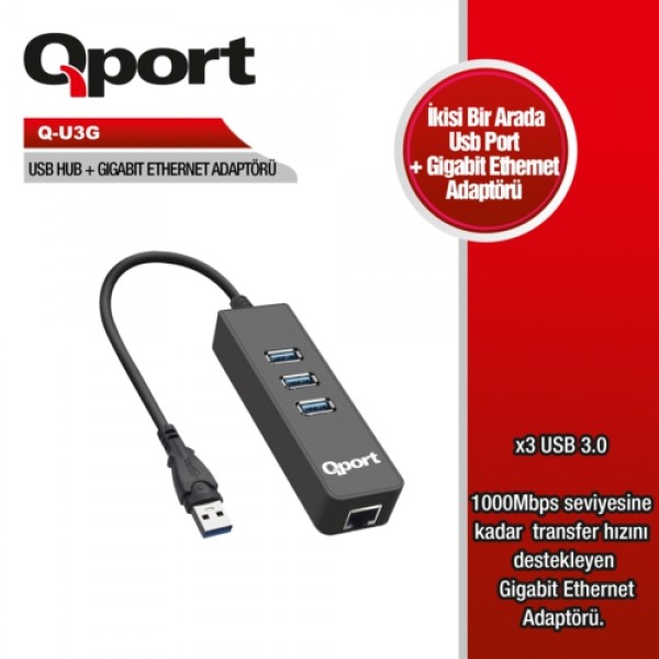 Qport Q-U3G 3xUsb 3.0 Çoklayıcı+Gig. Ethernet Adap 